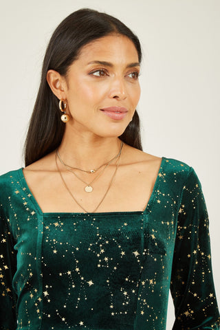 Yumi Green Star Foil Print Long Sleeve Skater Dress - Hstrends