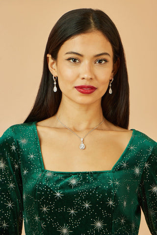 Yumi Green Starburst Foil Print Long Sleeve Skater Dress - Hstrends