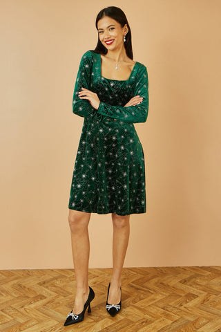 Yumi Green Starburst Foil Print Long Sleeve Skater Dress - Hstrends