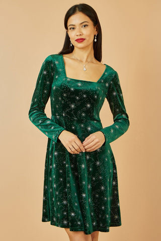 Yumi Green Starburst Foil Print Long Sleeve Skater Dress - Hstrends
