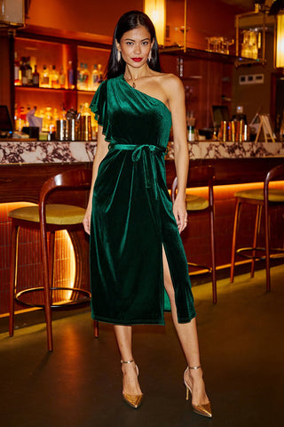 Yumi Green Velvet Frill One Shoulder Midi Dress With Split Hem - Hstrends