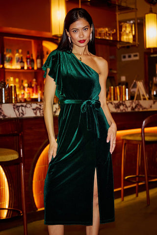 Yumi Green Velvet Frill One Shoulder Midi Dress With Split Hem - Hstrends