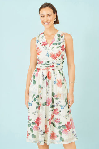 Yumi Ivory Blurred Floral Print Mesh Stretch Midi Dress With Pockets - Hstrends