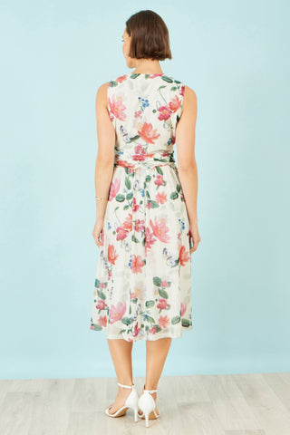Yumi Ivory Blurred Floral Print Mesh Stretch Midi Dress With Pockets - Hstrends