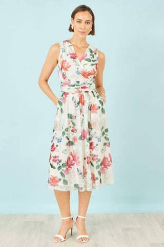 Yumi Ivory Blurred Floral Print Mesh Stretch Midi Dress With Pockets - Hstrends