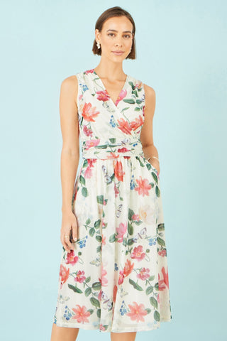 Yumi Ivory Blurred Floral Print Mesh Stretch Midi Dress With Pockets - Hstrends