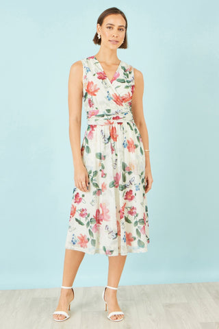 Yumi Ivory Blurred Floral Print Mesh Stretch Midi Dress With Pockets - Hstrends