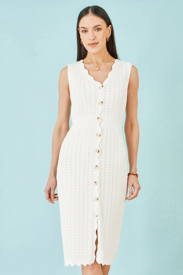 Yumi Ivory Cotton Scallop Crochet Knitted Dress - Hstrends