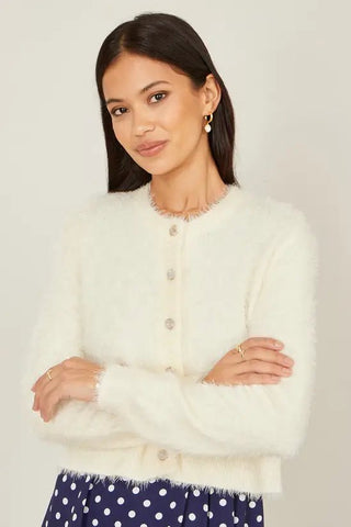 Yumi Ivory Eyelash Knit Cropped Cardigan - Hstrends