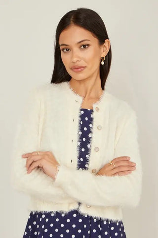Yumi Ivory Eyelash Knit Cropped Cardigan - Hstrends