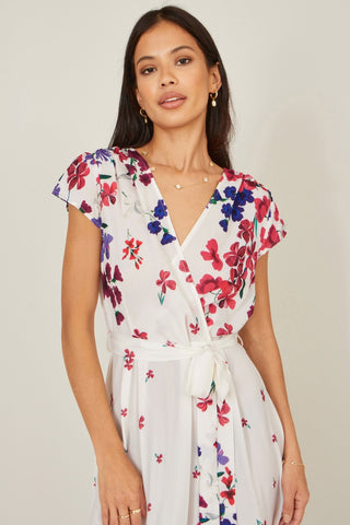 Yumi Ivory Floral Mirror Wrap Dress With Dip Hem - Hstrends
