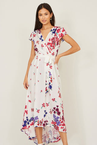 Yumi Ivory Floral Mirror Wrap Dress With Dip Hem - Hstrends