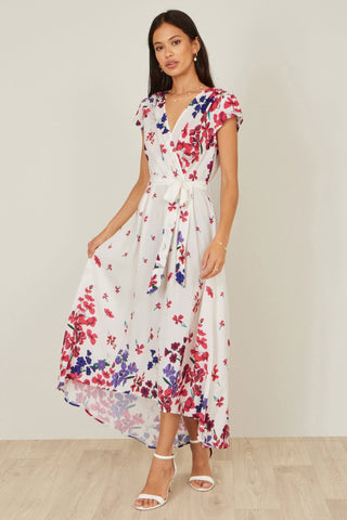 Yumi Ivory Floral Mirror Wrap Dress With Dip Hem - Hstrends