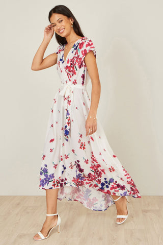 Yumi Ivory Floral Mirror Wrap Dress With Dip Hem - Hstrends