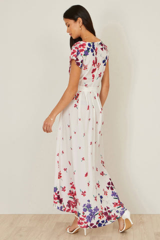 Yumi Ivory Floral Mirror Wrap Dress With Dip Hem - Hstrends