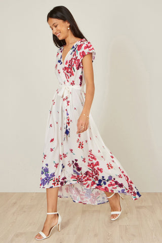 Yumi Ivory Floral Mirror Wrap Dress With Dip Hem - Hstrends