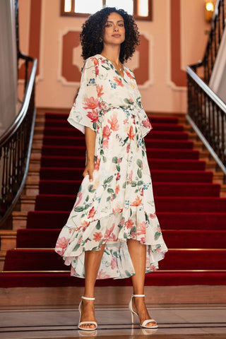 Yumi Ivory Floral Print Wrap Midi Dress With Dipped Hem - Hstrends