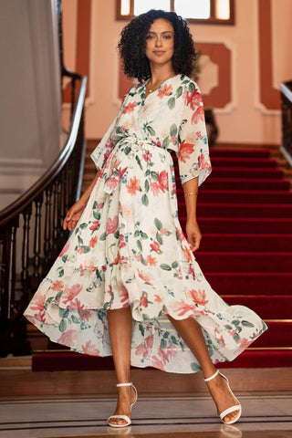Yumi Ivory Floral Print Wrap Midi Dress With Dipped Hem - Hstrends