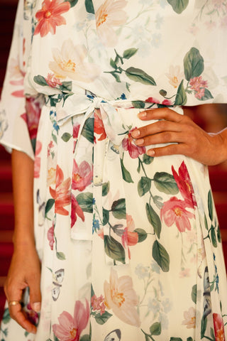 Yumi Ivory Floral Print Wrap Midi Dress With Dipped Hem - Hstrends