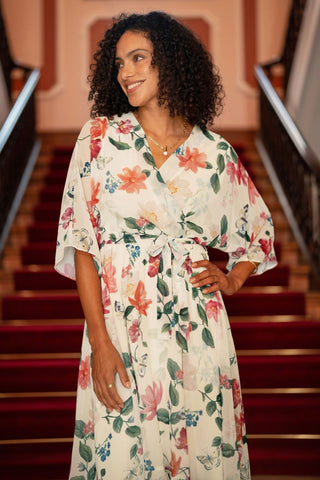 Yumi Ivory Floral Print Wrap Midi Dress With Dipped Hem - Hstrends