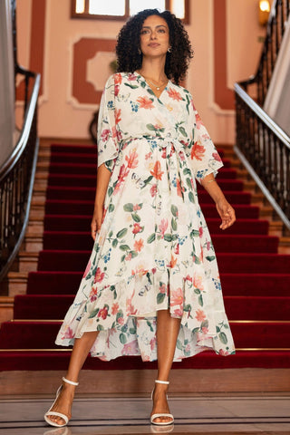 Yumi Ivory Floral Print Wrap Midi Dress With Dipped Hem - Hstrends
