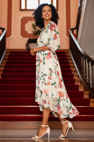 Yumi Ivory Floral Print Wrap Midi Dress With Dipped Hem - Hstrends