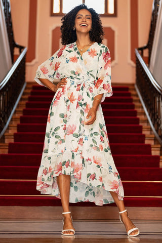 Yumi Ivory Floral Print Wrap Midi Dress With Dipped Hem - Hstrends