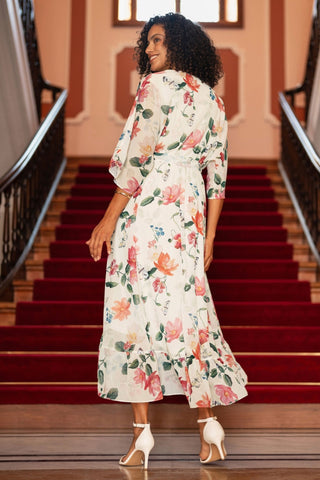 Yumi Ivory Floral Print Wrap Midi Dress With Dipped Hem - Hstrends