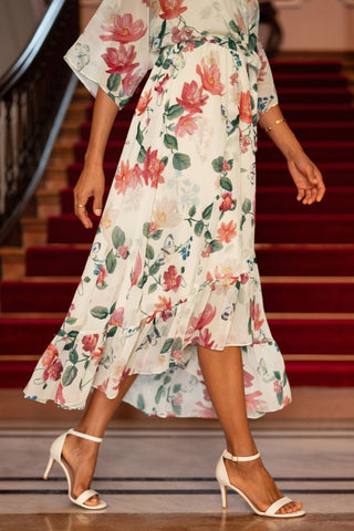Yumi Ivory Floral Print Wrap Midi Dress With Dipped Hem - Hstrends