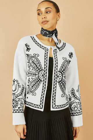 Yumi Ivory Folk Embroidered Edge To Edge Cardigan - Hstrends