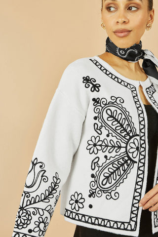 Yumi Ivory Folk Embroidered Edge To Edge Cardigan - Hstrends