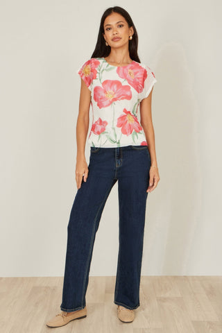 Yumi Ivory Poppy Print Mesh Top - Hstrends