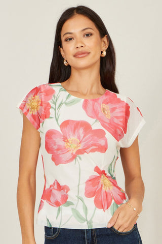 Yumi Ivory Poppy Print Mesh Top - Hstrends
