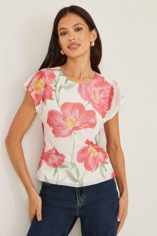 Yumi Ivory Poppy Print Mesh Top - Hstrends