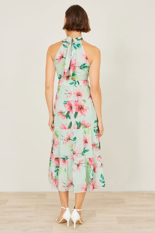 Yumi Mint Floral Halter Neck Midi Dress With Matching Belt - Hstrends