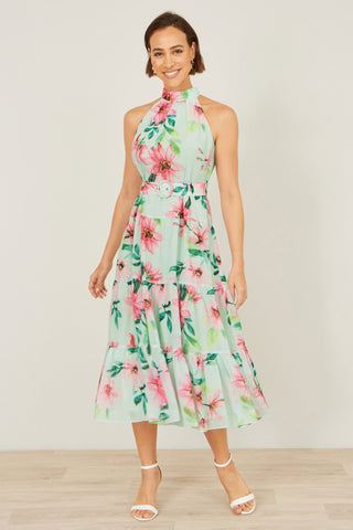Yumi Mint Floral Halter Neck Midi Dress With Matching Belt - Hstrends