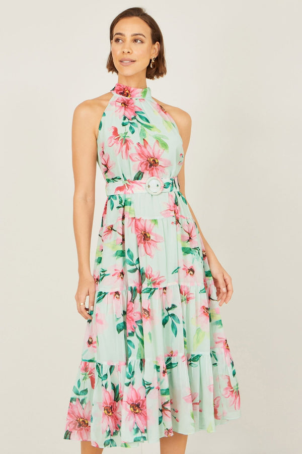 Yumi Mint Floral Halter Neck Midi Dress With Matching Belt - Hstrends