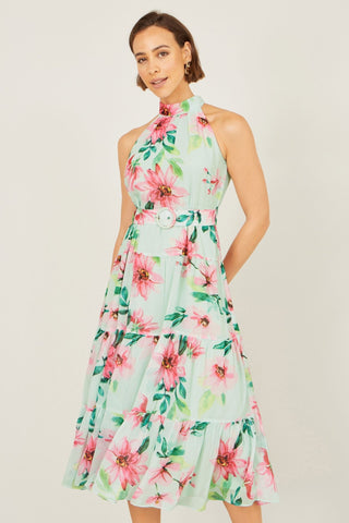 Yumi Mint Floral Halter Neck Midi Dress With Matching Belt - Hstrends