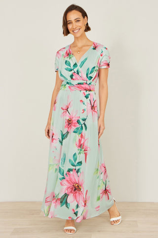 Yumi Mint Mesh Floral Maxi Dress - Hstrends