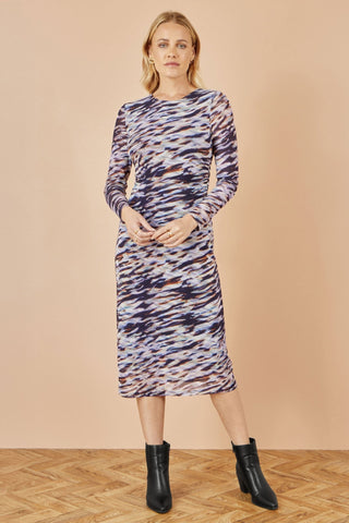 Yumi Multicolour Abstract Stripe Ruched Bodycon Midi Dress - Hstrends