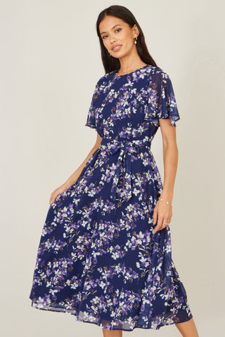 Yumi Navy Blossom Print Midi Skater Dress With Angel Sleeves - Hstrends