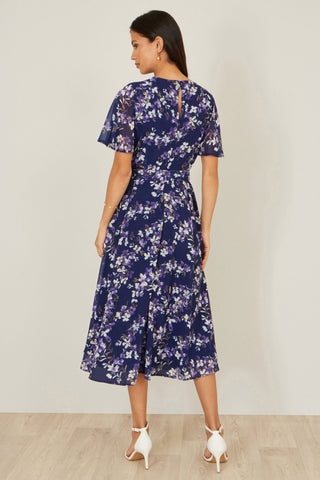 Yumi Navy Blossom Print Midi Skater Dress With Angel Sleeves - Hstrends