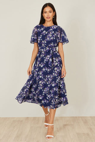 Yumi Navy Blossom Print Midi Skater Dress With Angel Sleeves - Hstrends