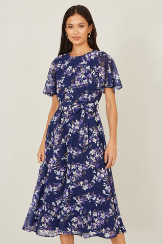 Yumi Navy Blossom Print Midi Skater Dress With Angel Sleeves - Hstrends
