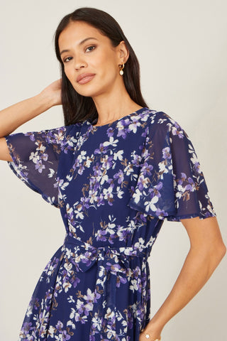 Yumi Navy Blossom Print Midi Skater Dress With Angel Sleeves - Hstrends