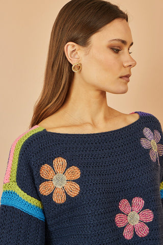 Yumi Navy Crochet Flower Jumper - Hstrends