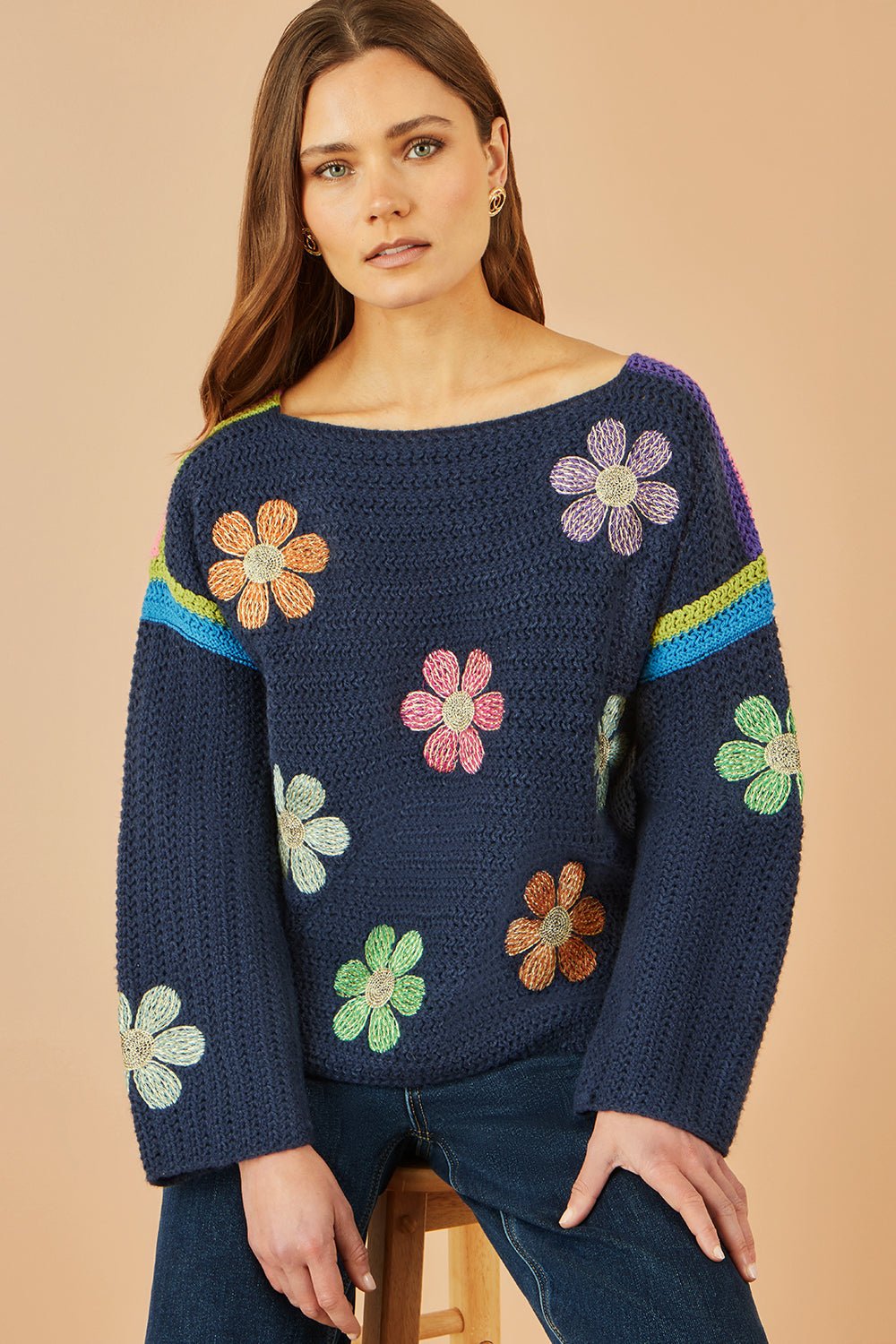 Yumi Navy Crochet Flower Jumper – Hstrends