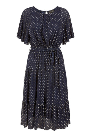 Yumi Navy Dot Print Mesh Stretch Midi Skater Dress - Hstrends