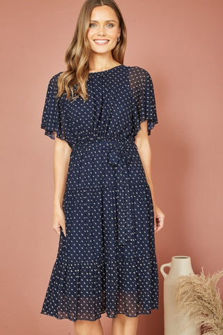 Yumi Navy Dot Print Mesh Stretch Midi Skater Dress - Hstrends