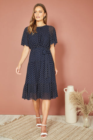 Yumi Navy Dot Print Mesh Stretch Midi Skater Dress - Hstrends